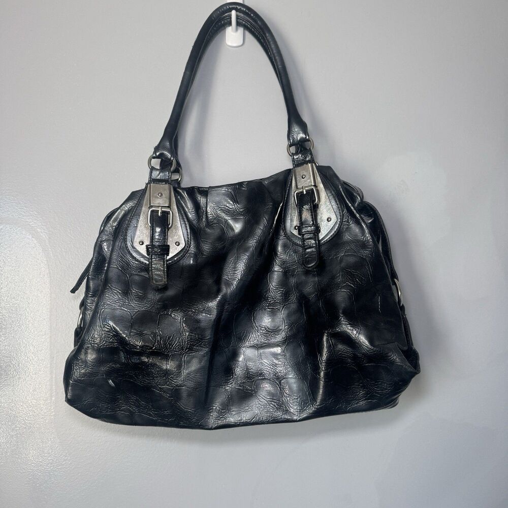 Shiny Black Croc-Embossed Leather Shoulder Bag Metallic Silver Buckle Hardware
